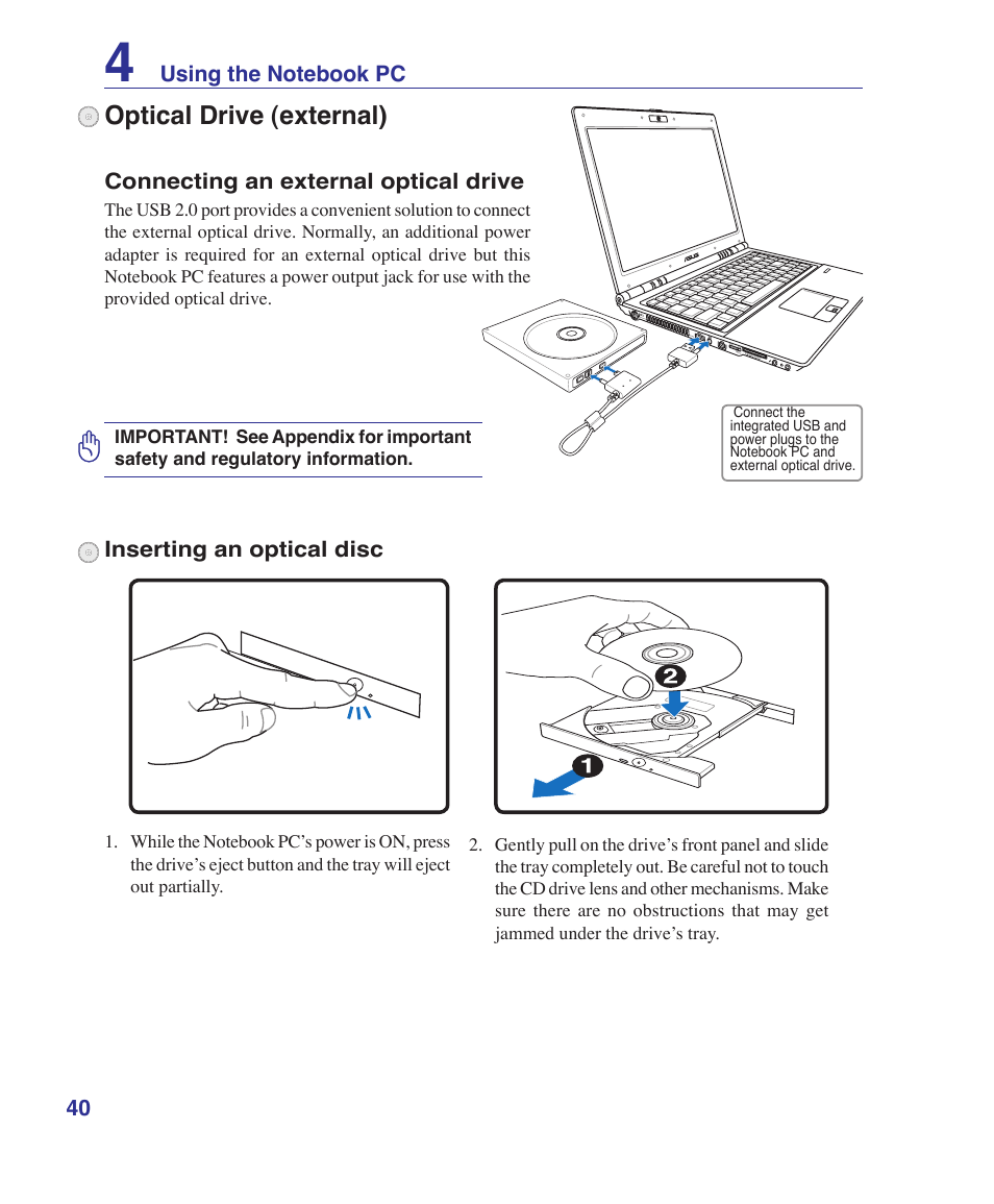 Optical drive (external) | Asus U3S User Manual | Page 40 / 62