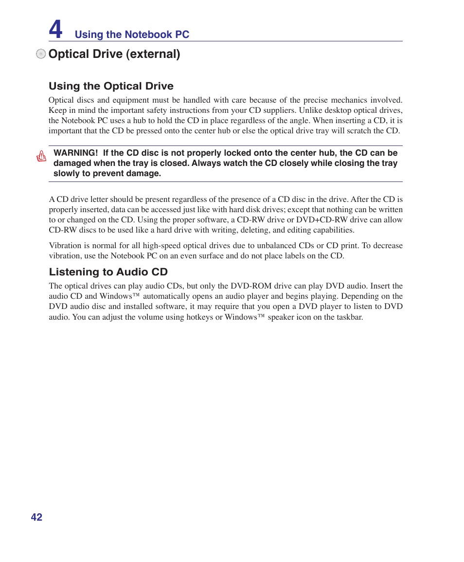 Optical drive (external) | Asus U3S User Manual | Page 42 / 62