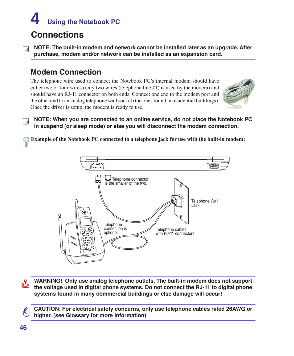 Connections, Modem connection | Asus U3S User Manual | Page 46 / 62