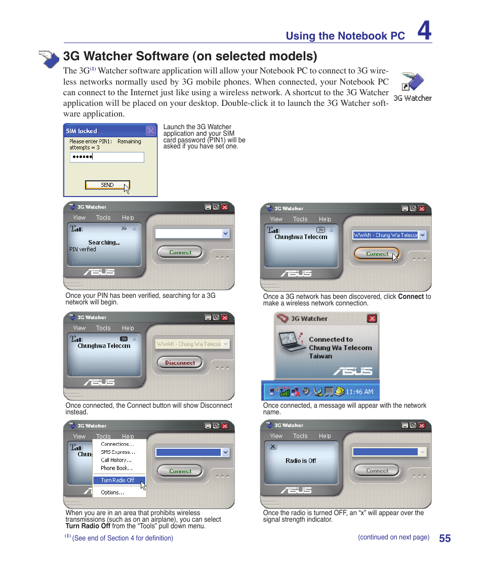 3g watcher software (on selected models) | Asus U3S User Manual | Page 55 / 62