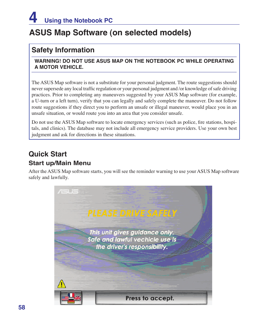 Asus map software (on selected models), Safety information, Quick start | Asus U3S User Manual | Page 58 / 62