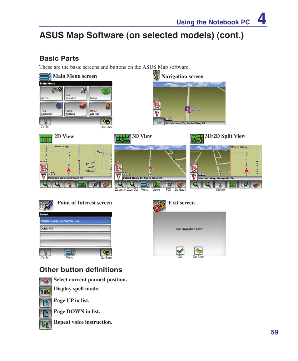 Asus map software (on selected models) (cont.), Basic parts, Other button definitions | Asus U3S User Manual | Page 59 / 62