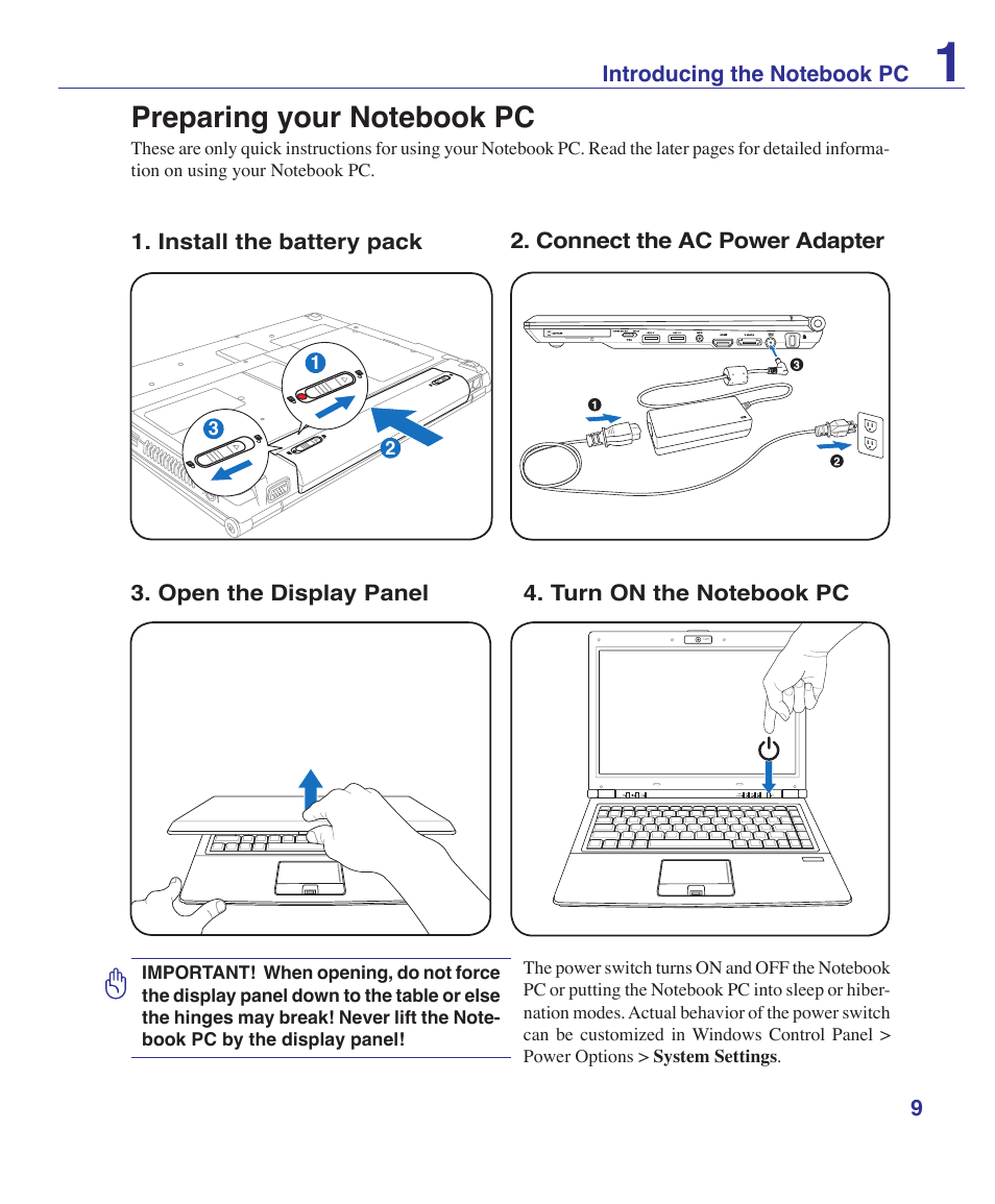Preparing your notebook pc | Asus U3S User Manual | Page 9 / 62