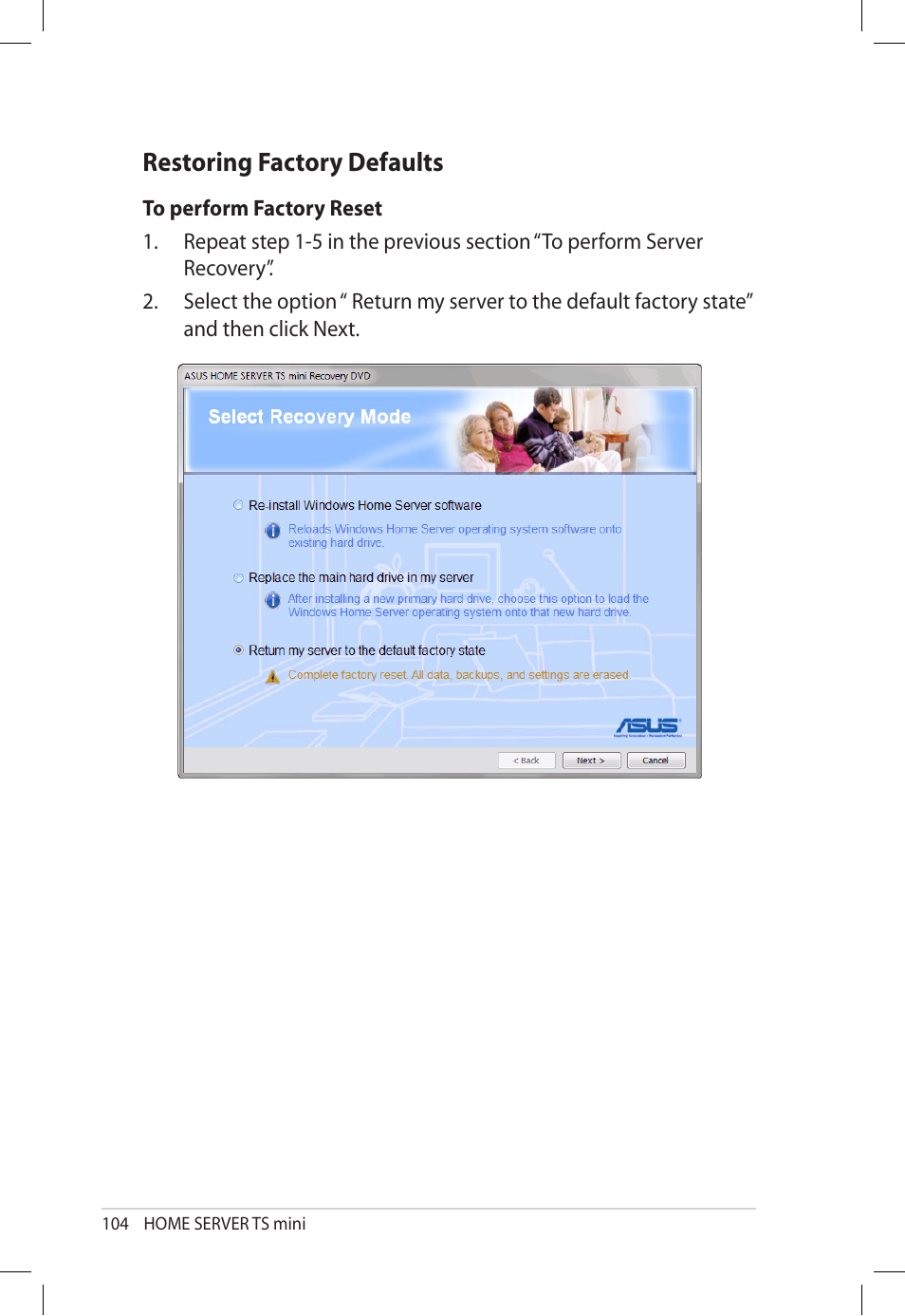 Restoring factory defaults, Restoring.factory.defaults | Asus TS Mini User Manual | Page 104 / 112