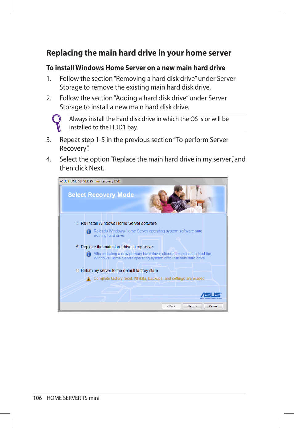 Replacing the main hard drive in your home server, Replacing.the.main.hard.drive.in.your.home.server | Asus TS Mini User Manual | Page 106 / 112