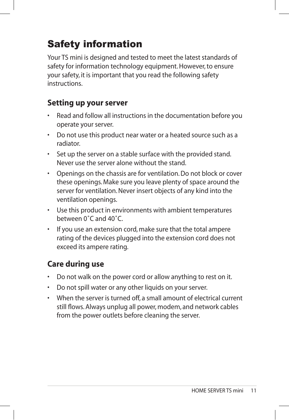 Safety information, Setting up your server, Care during use | Setting up your server care during use, Setting.up.your.server | Asus TS Mini User Manual | Page 11 / 112