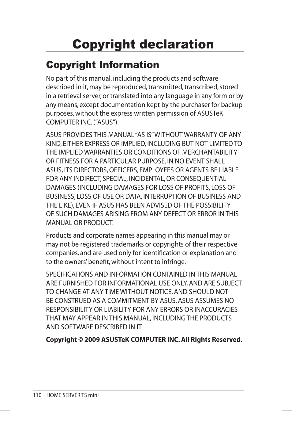 Copyright declaration, Copyright information, Copyright.declaration | Asus TS Mini User Manual | Page 110 / 112