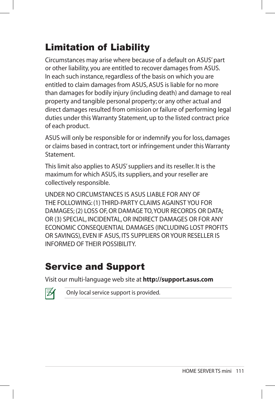 Limitation of liability, Service and support, Limitation of liability service and support | Asus TS Mini User Manual | Page 111 / 112