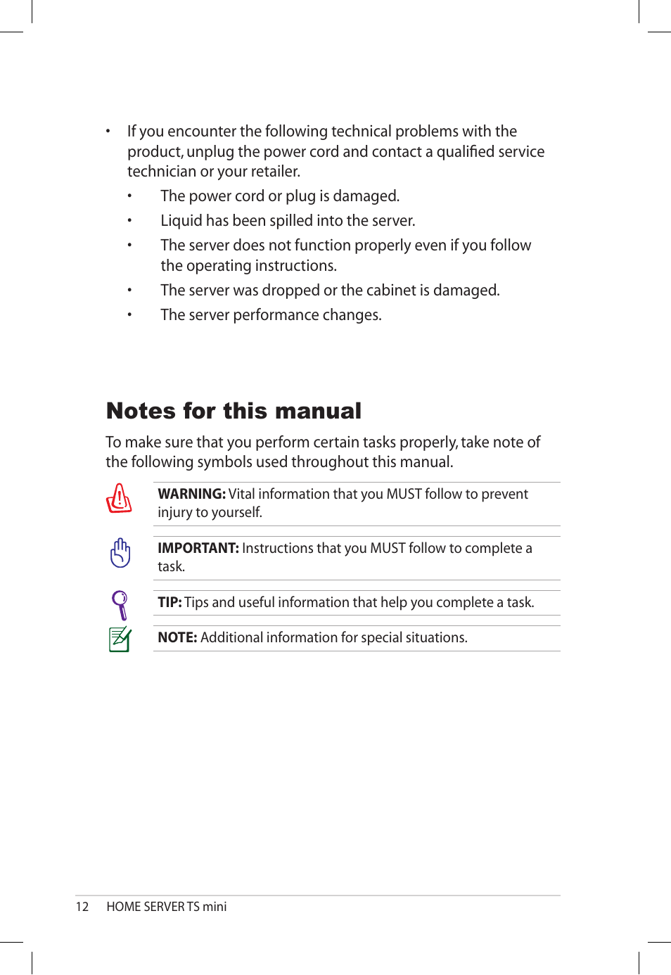 Notes for this manual | Asus TS Mini User Manual | Page 12 / 112