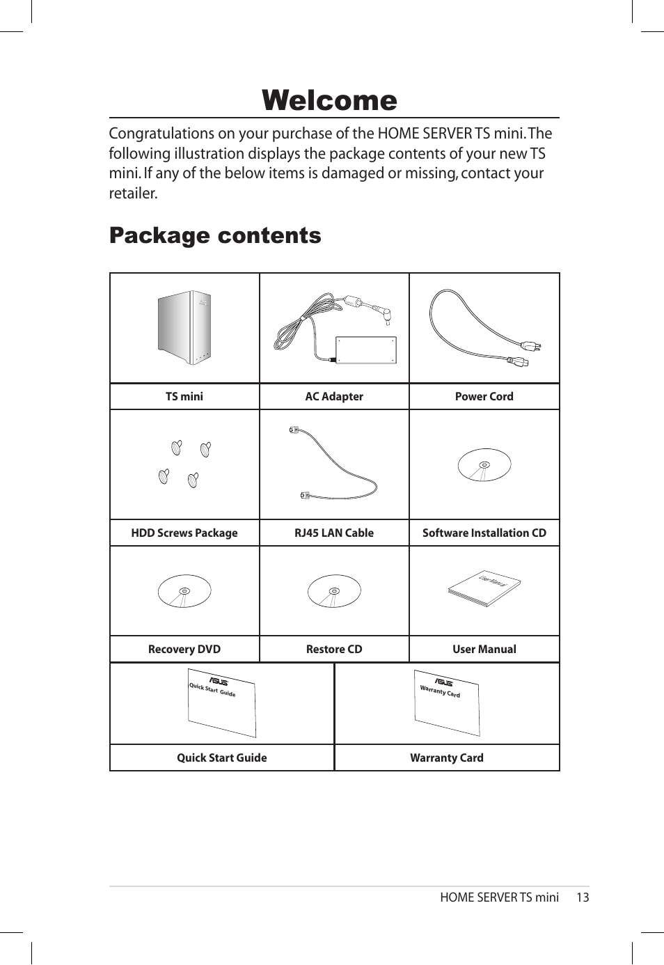 Welcome, Package contents | Asus TS Mini User Manual | Page 13 / 112