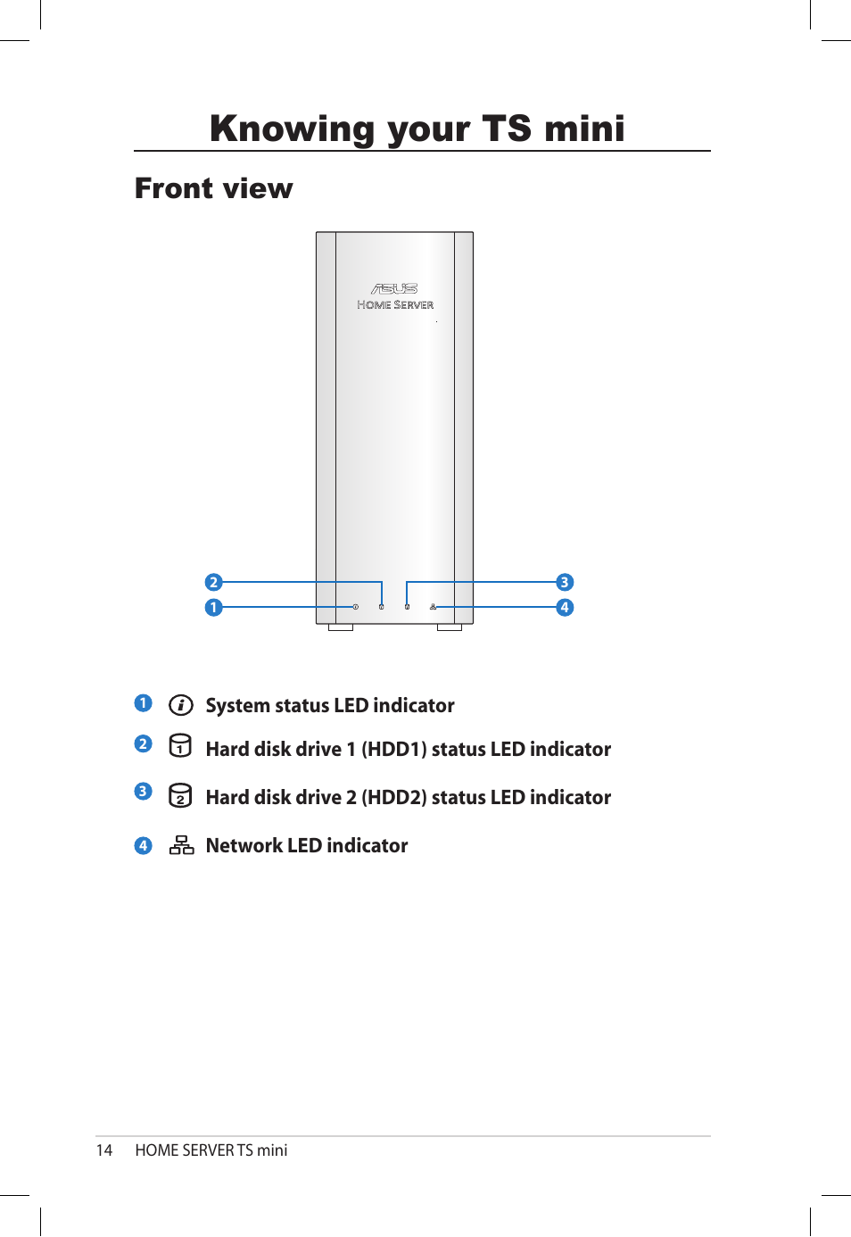Knowing your ts mini, Front view, Knowing.your.ts.mini | Asus TS Mini User Manual | Page 14 / 112
