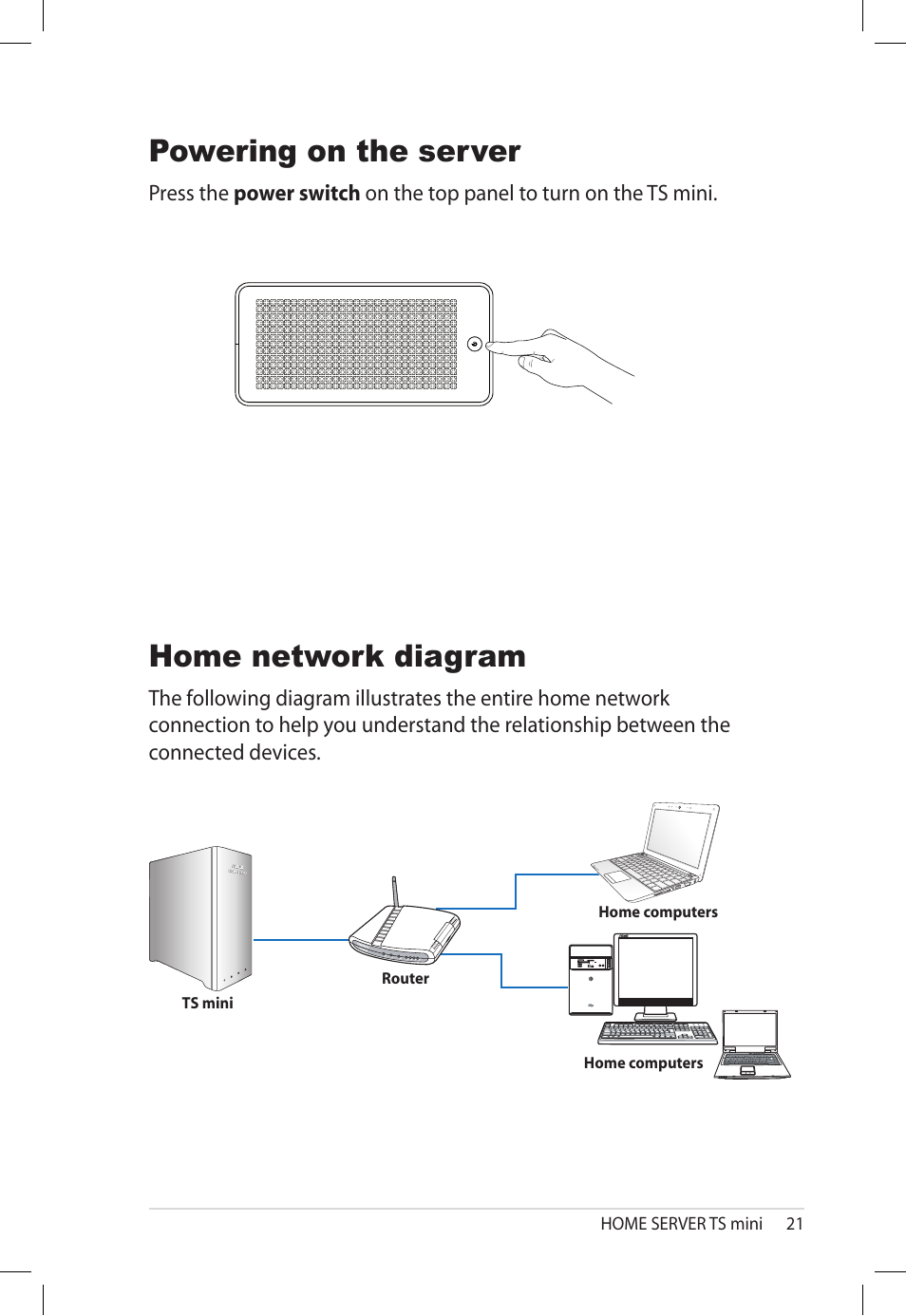 Powering on the server, Home network diagram, Powering on the server home network diagram | Asus TS Mini User Manual | Page 21 / 112