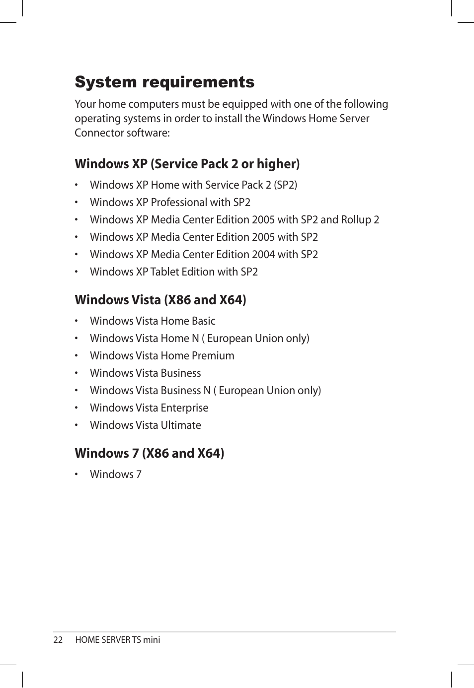System requirements | Asus TS Mini User Manual | Page 22 / 112