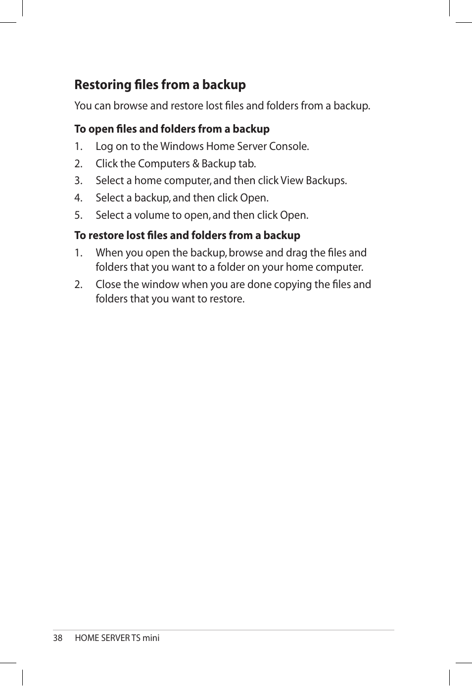 Restoring files from a backup, Restoring.files.from.a.backup | Asus TS Mini User Manual | Page 38 / 112