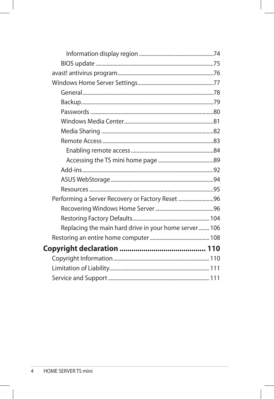 Copyright.declaration | Asus TS Mini User Manual | Page 4 / 112