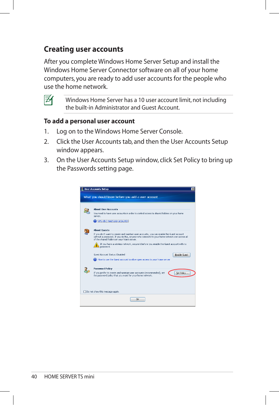 Creating user accounts | Asus TS Mini User Manual | Page 40 / 112