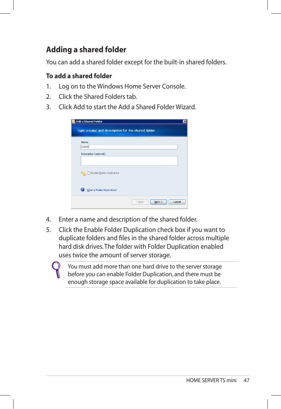 Adding a shared folder, Adding.a.shared.folder | Asus TS Mini User Manual | Page 47 / 112