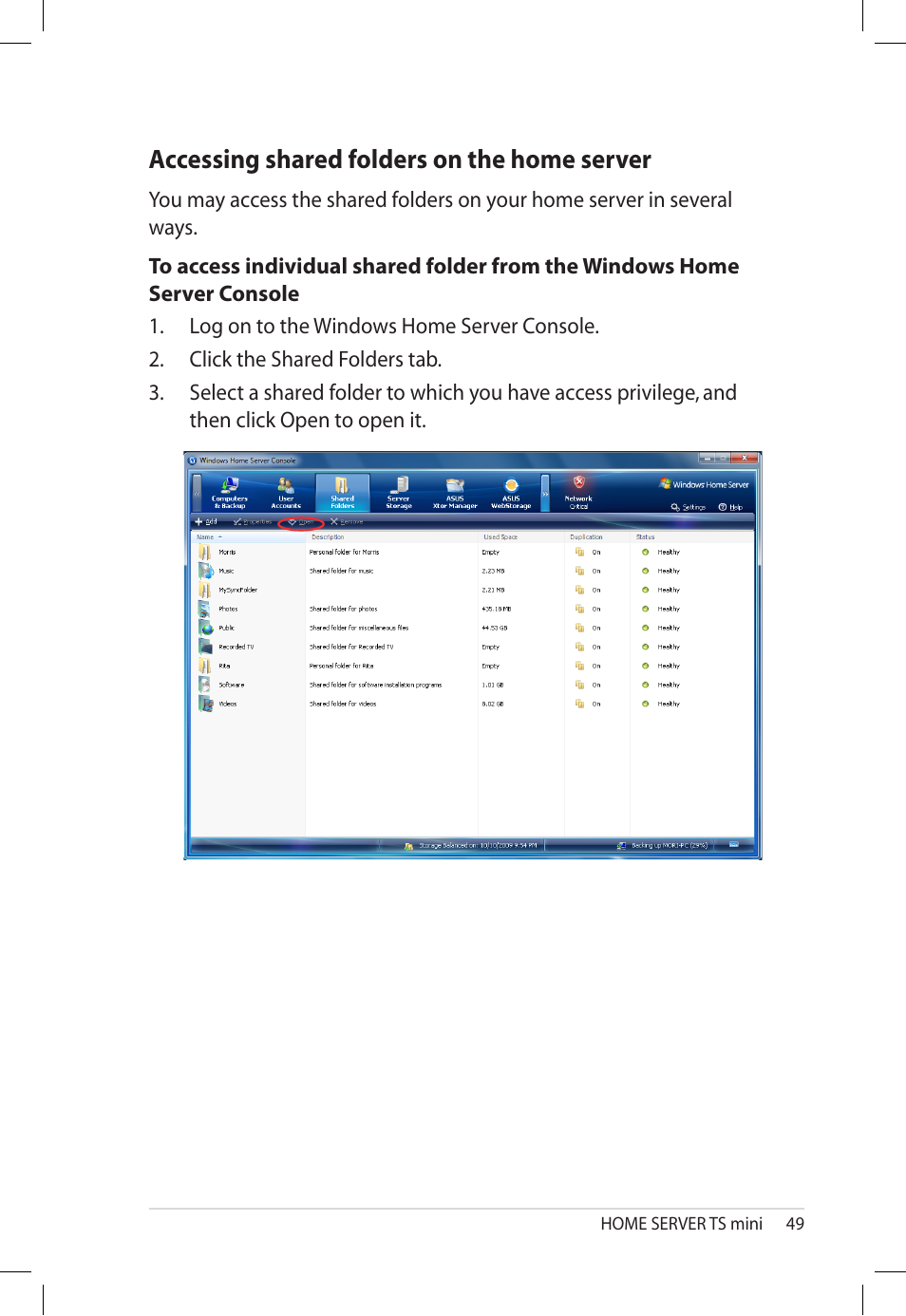 Accessing shared folders on the home server, Accessing.shared.folders.on.the.home.server | Asus TS Mini User Manual | Page 49 / 112