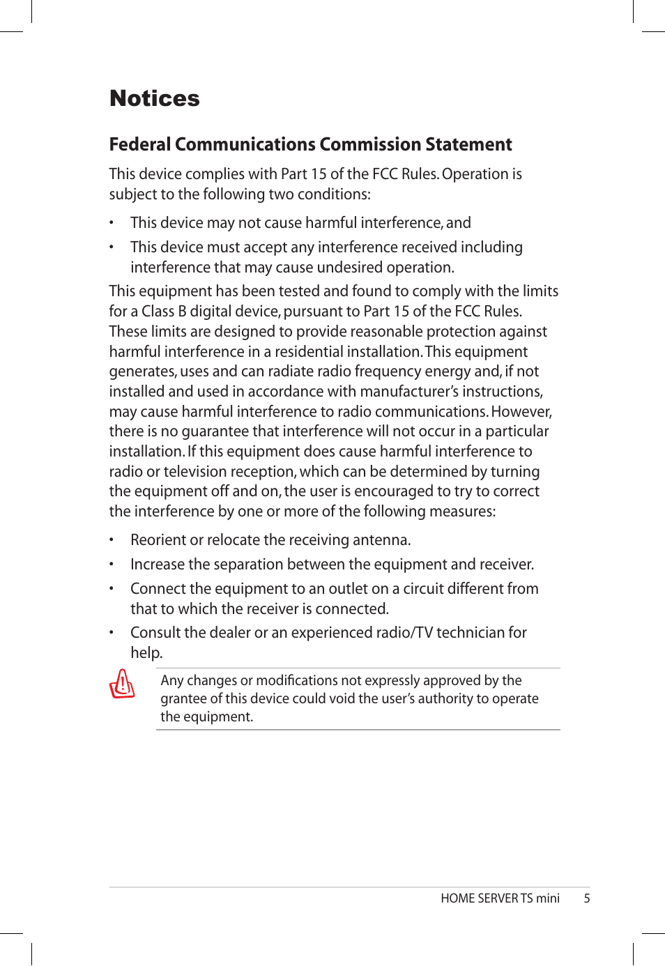 Notices, Federal communications commission statement | Asus TS Mini User Manual | Page 5 / 112