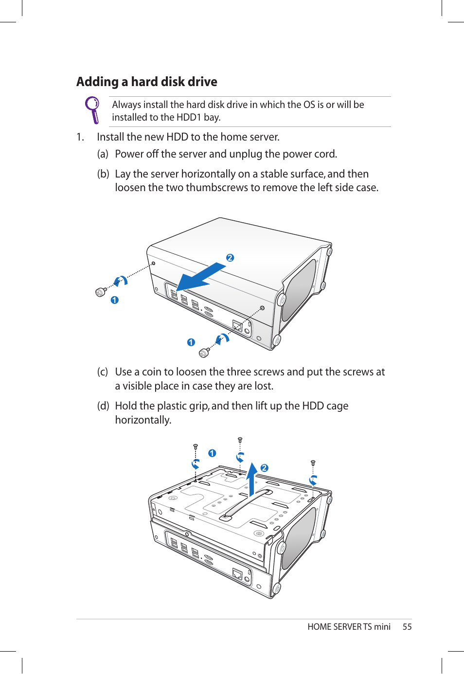 Adding a hard disk drive, Adding.a.hard.disk.drive | Asus TS Mini User Manual | Page 55 / 112