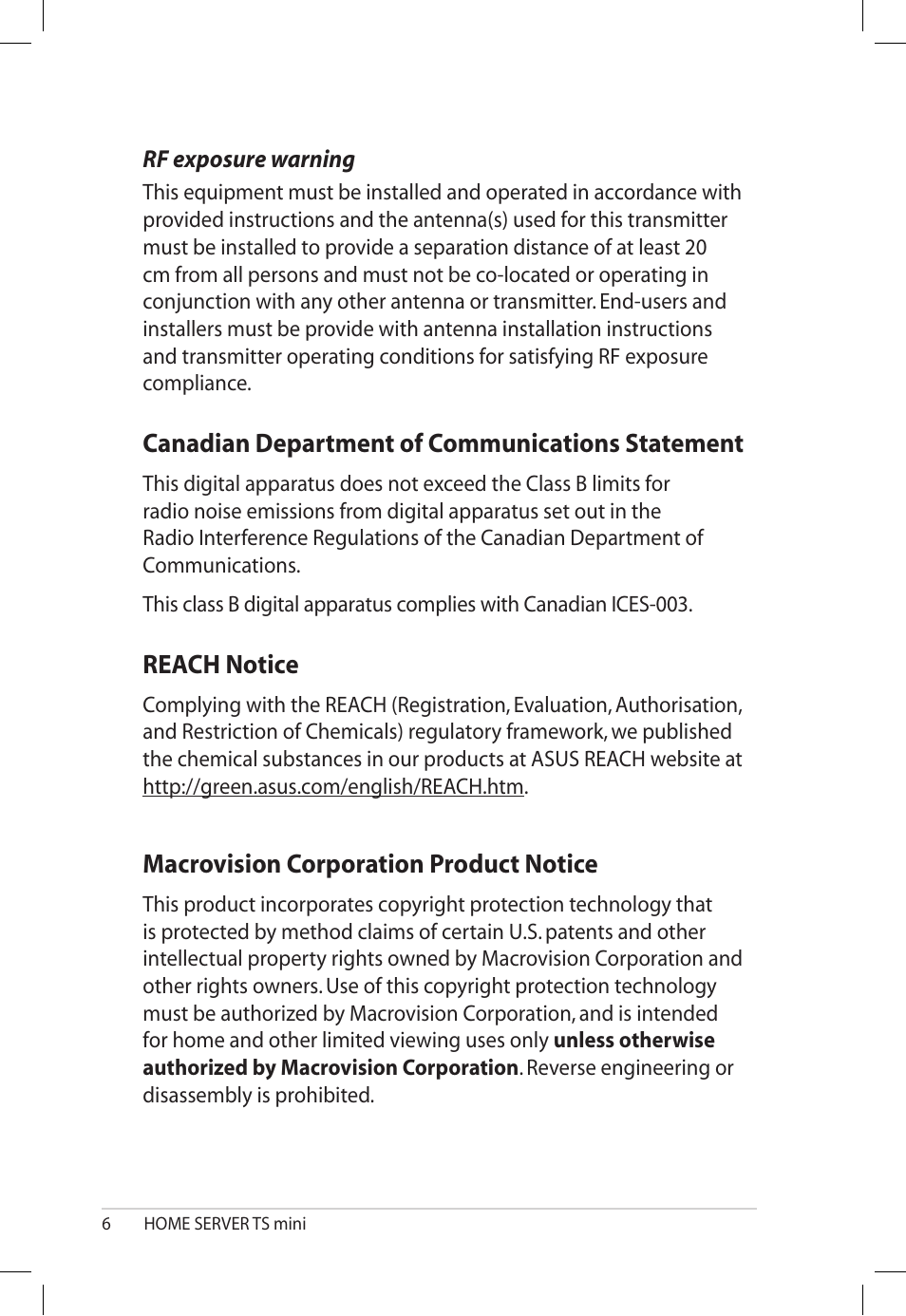 Canadian department of communications statement, Reach notice, Macrovision corporation product notice | Reach.notice, Macrovision.corporation.product.notice | Asus TS Mini User Manual | Page 6 / 112