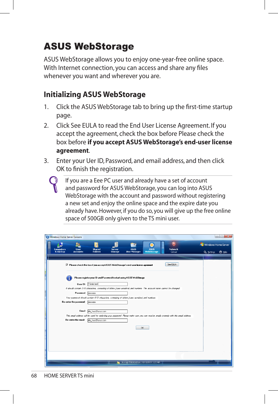 Asus webstorage, Initializing asus webstorage, Initializing.asus.webstorage | Asus TS Mini User Manual | Page 68 / 112