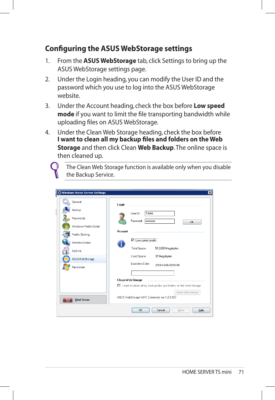 Configuring the asus webstorage settings, Configuring.the.asus.webstorage.settings | Asus TS Mini User Manual | Page 71 / 112