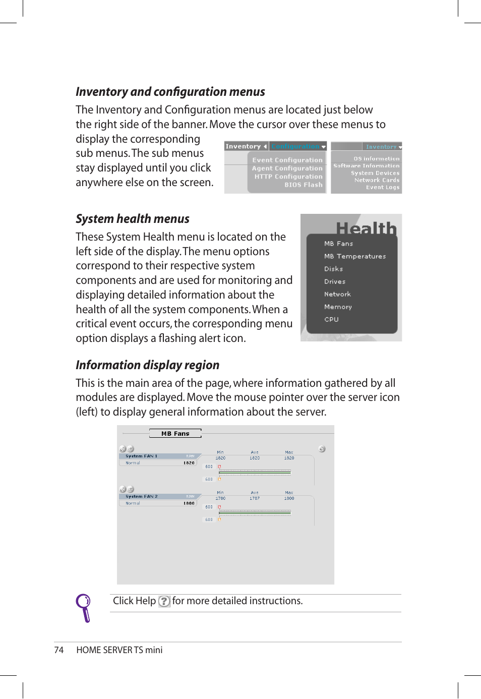 Inventory and configuration menus, System health menus, Information display region | Asus TS Mini User Manual | Page 74 / 112
