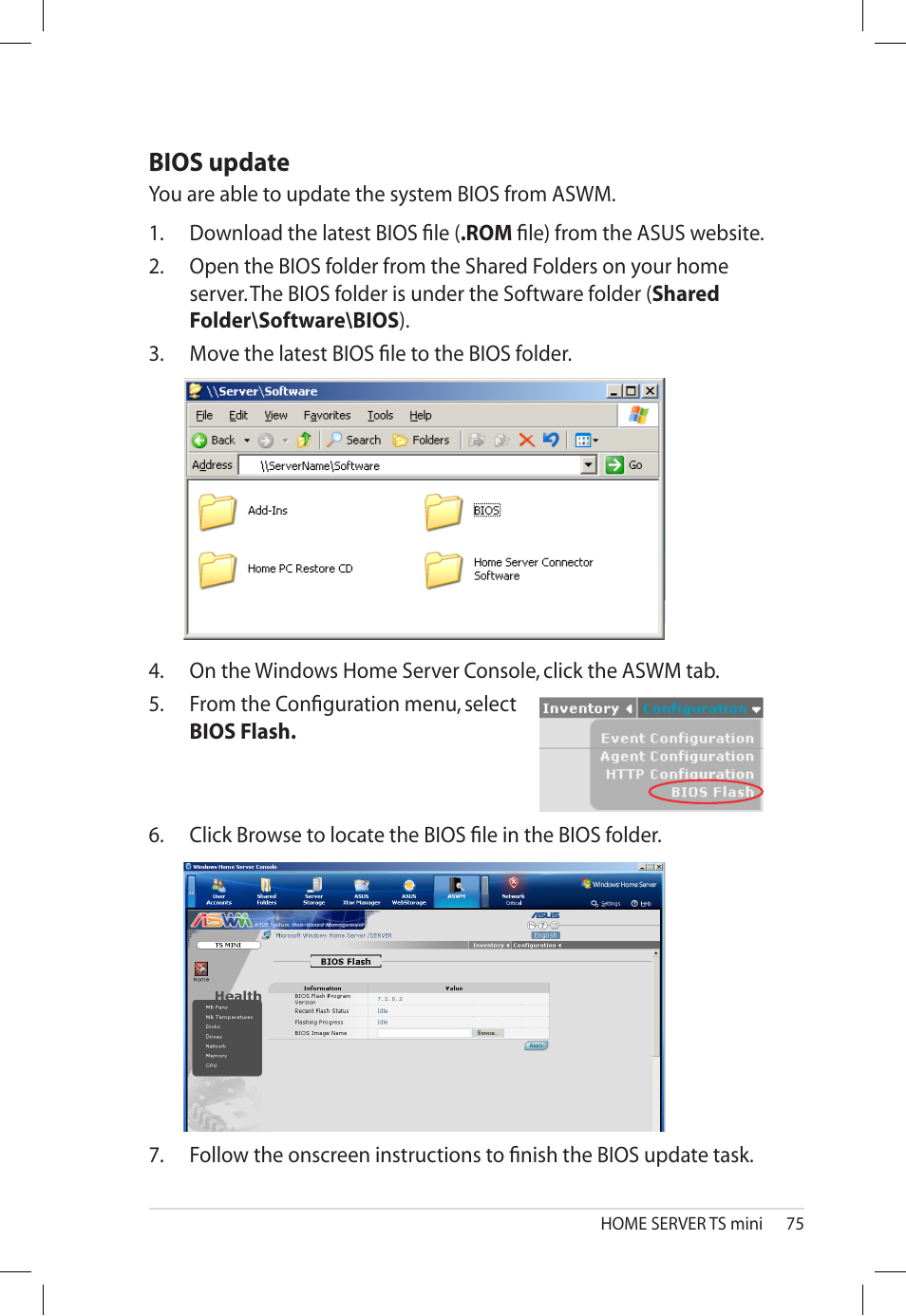 Bios update, Bios.update | Asus TS Mini User Manual | Page 75 / 112