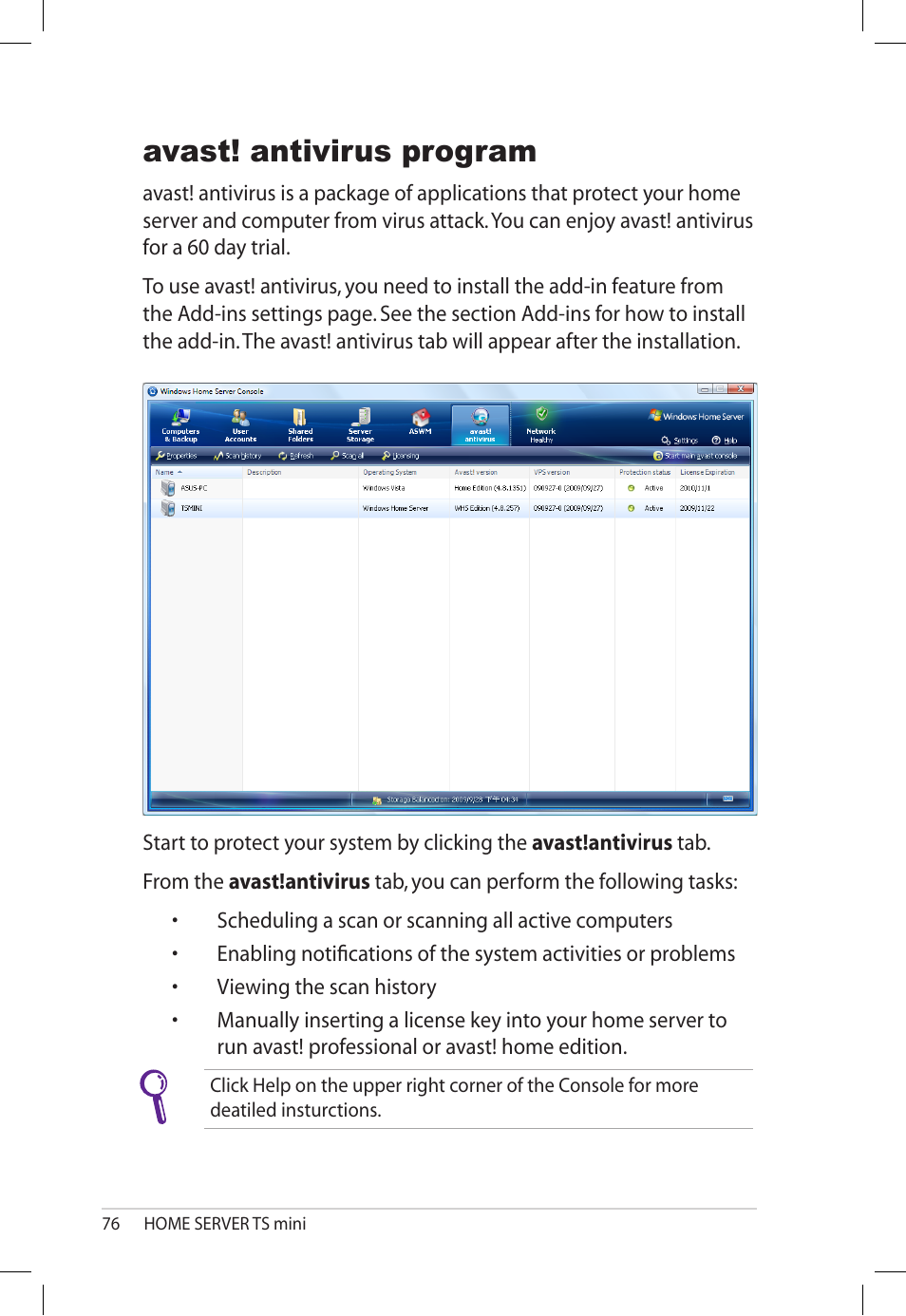 Avast! antivirus program | Asus TS Mini User Manual | Page 76 / 112