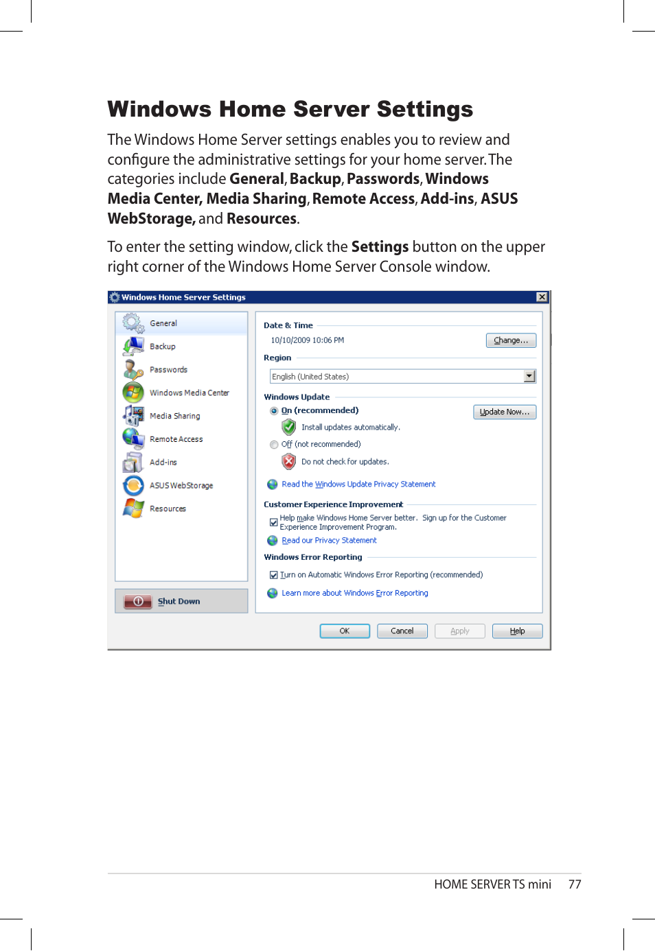 Windows home server settings | Asus TS Mini User Manual | Page 77 / 112