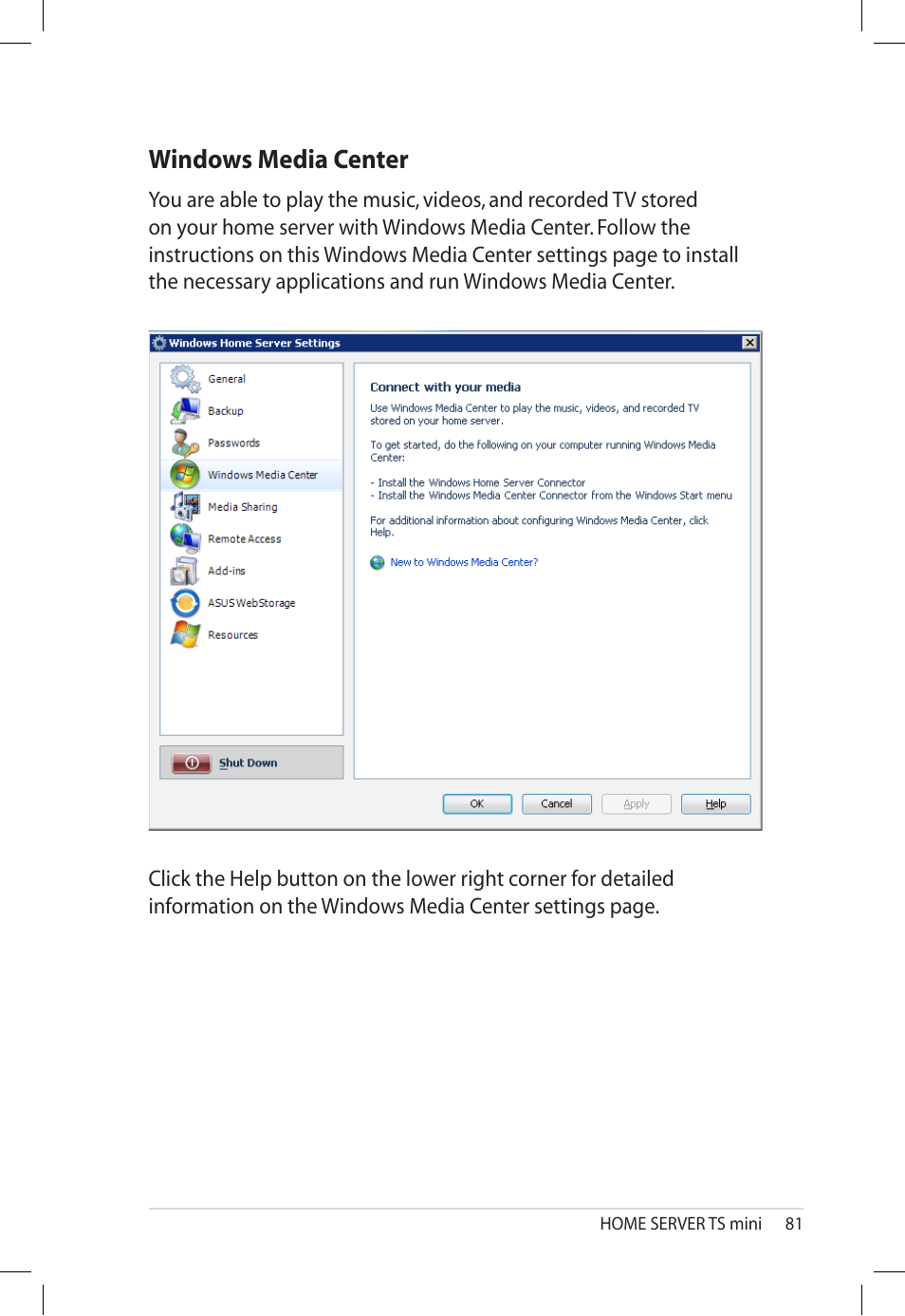 Windows media center, Windows.media.center | Asus TS Mini User Manual | Page 81 / 112