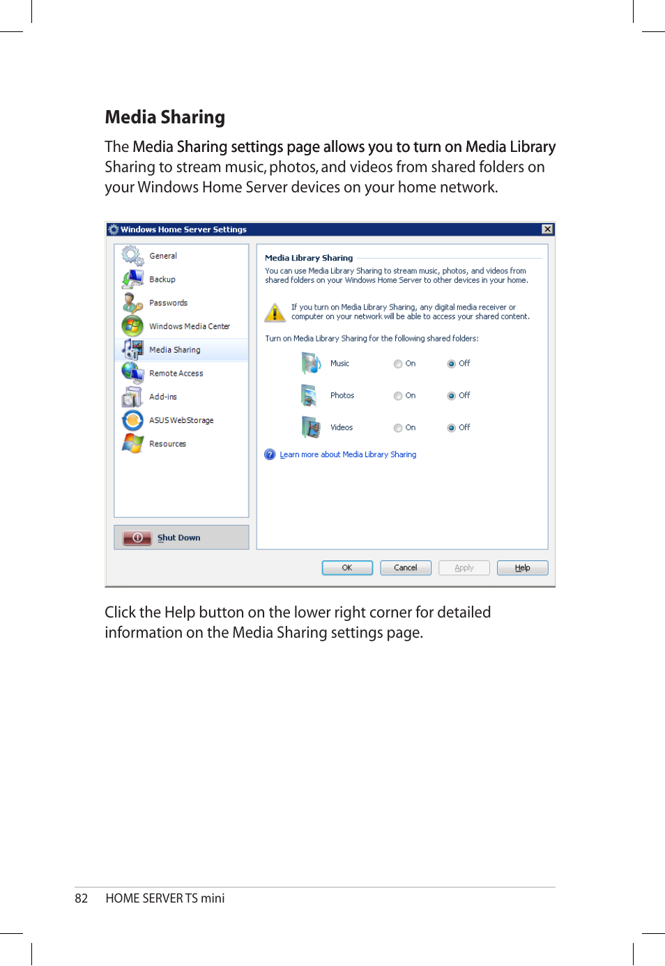Media sharing, Media.sharing | Asus TS Mini User Manual | Page 82 / 112
