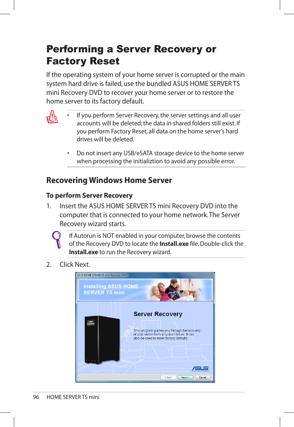 Performing a server recovery or factory reset, Recovering windows home server, Recovering.windows.home.server | Asus TS Mini User Manual | Page 96 / 112
