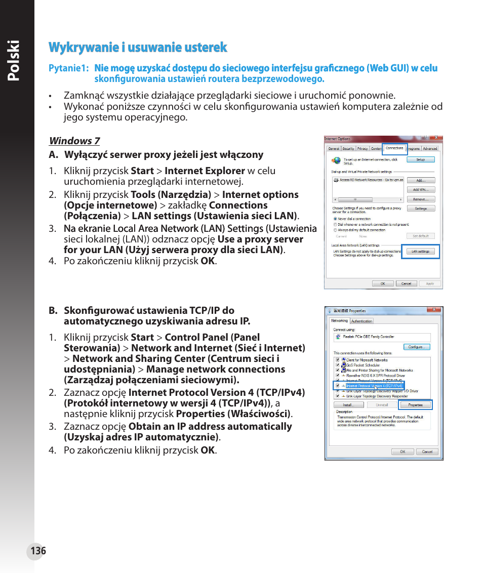 Polsk i, Wykrywanie i usuwanie usterek | Asus RT-N53 User Manual | Page 136 / 194