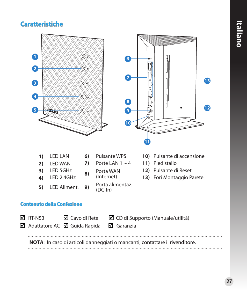 Italiano, Caratteristiche | Asus RT-N53 User Manual | Page 27 / 194