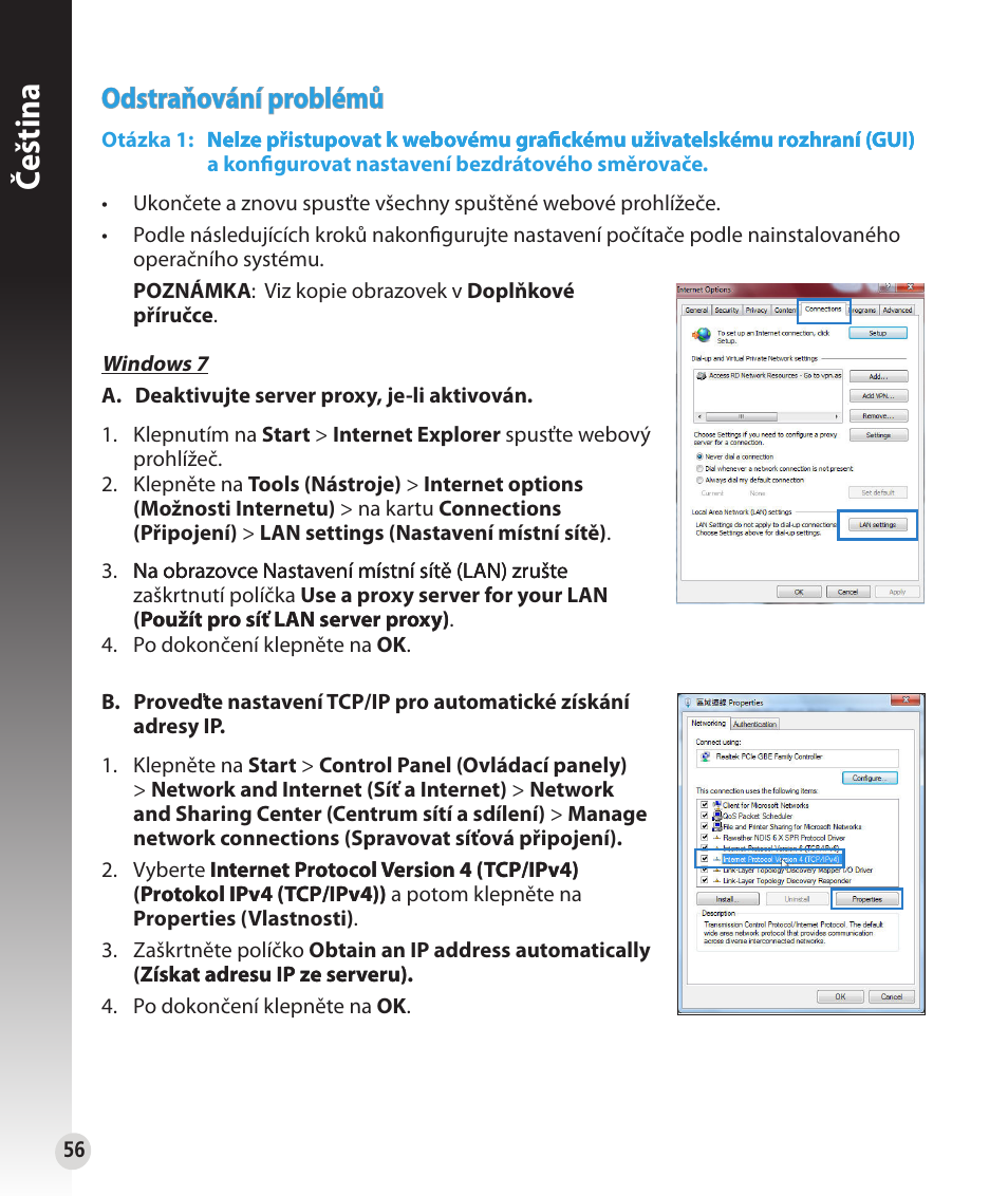 Čeština, Odstraňování problémů | Asus RT-N53 User Manual | Page 56 / 194