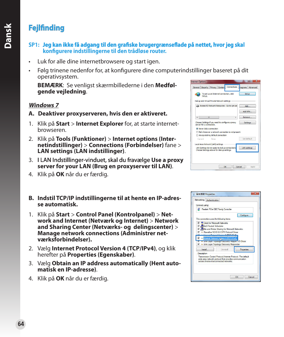 Dansk, Fejlfinding | Asus RT-N53 User Manual | Page 64 / 194