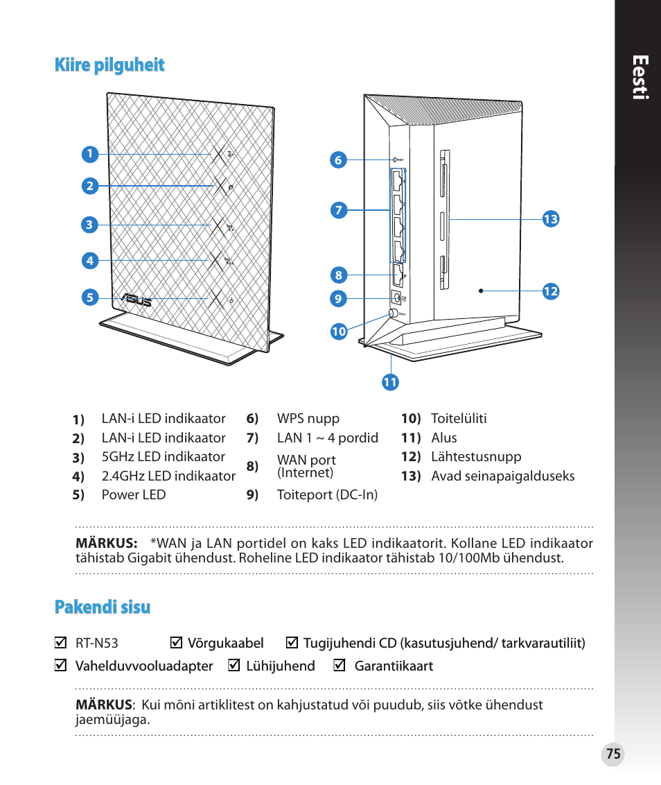 Eesti, Kiire pilguheit, Pakendi sisu | Asus RT-N53 User Manual | Page 75 / 194