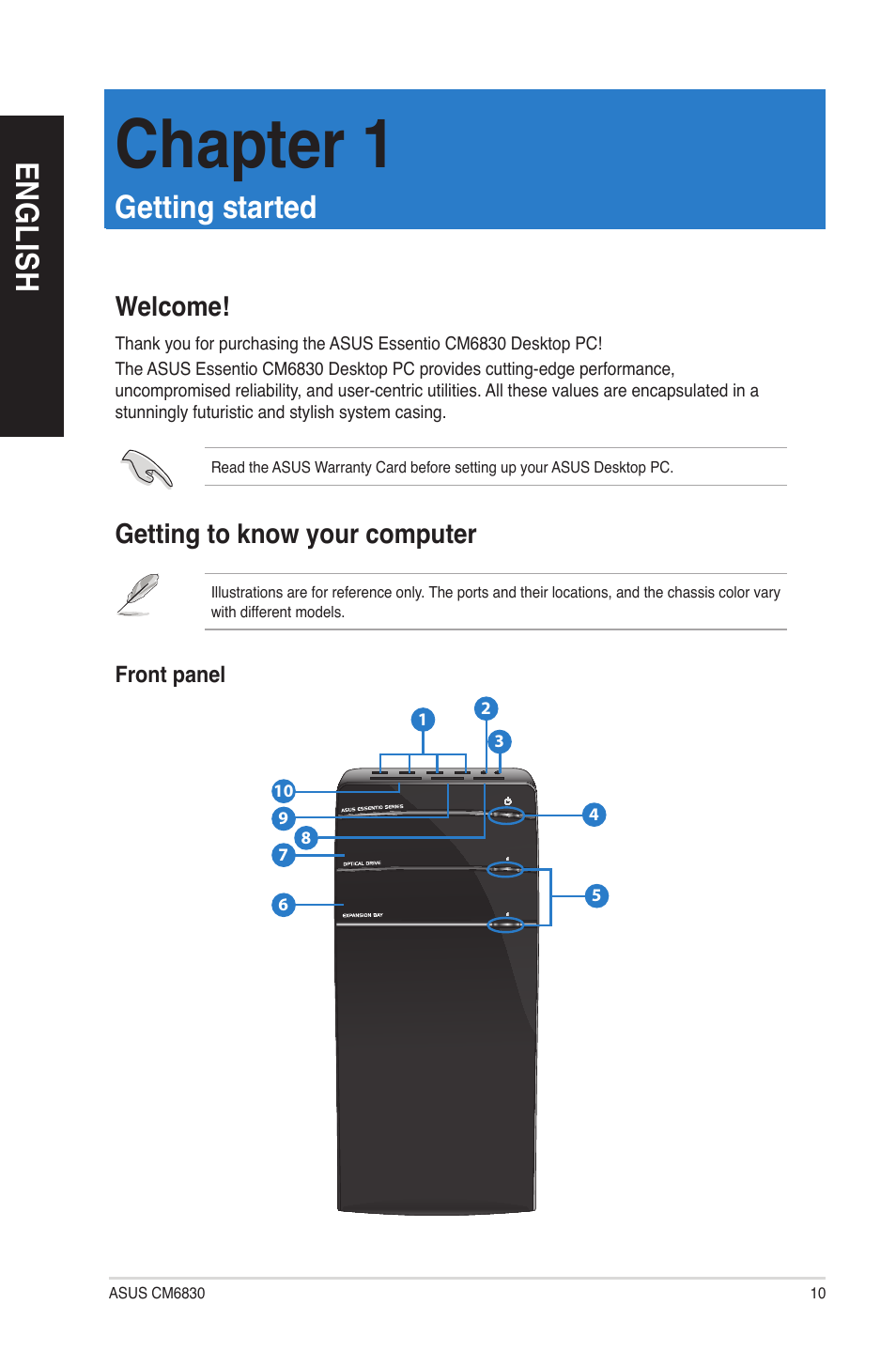 Chapter 1: getting started, Welcome, Getting to know your computer | Getting started, Welcome! getting to know your computer, Chapter 1, En g lis h en g li sh | Asus CM6830 User Manual | Page 10 / 64