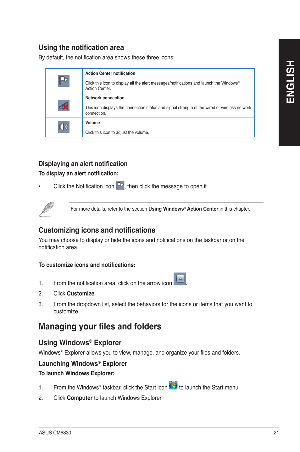 Managing your files and folders, En g lis h en g li sh | Asus CM6830 User Manual | Page 21 / 64