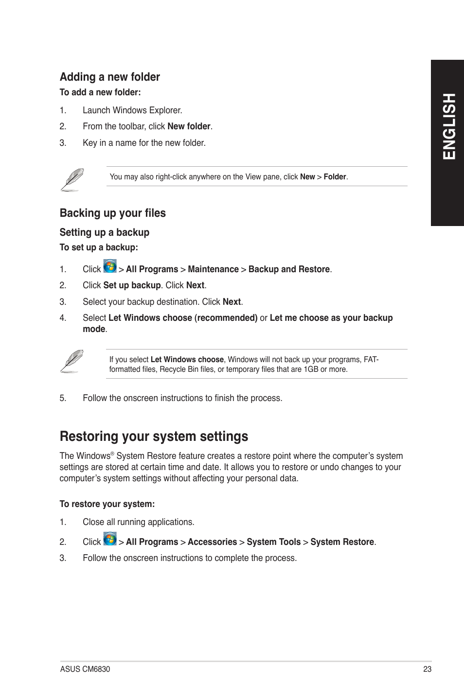 Restoring your system settings, En g lis h en g li sh | Asus CM6830 User Manual | Page 23 / 64