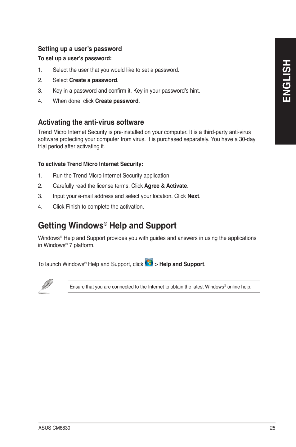 Getting windows® help and support, Getting windows, En g lis h en g li sh | Help and support | Asus CM6830 User Manual | Page 25 / 64