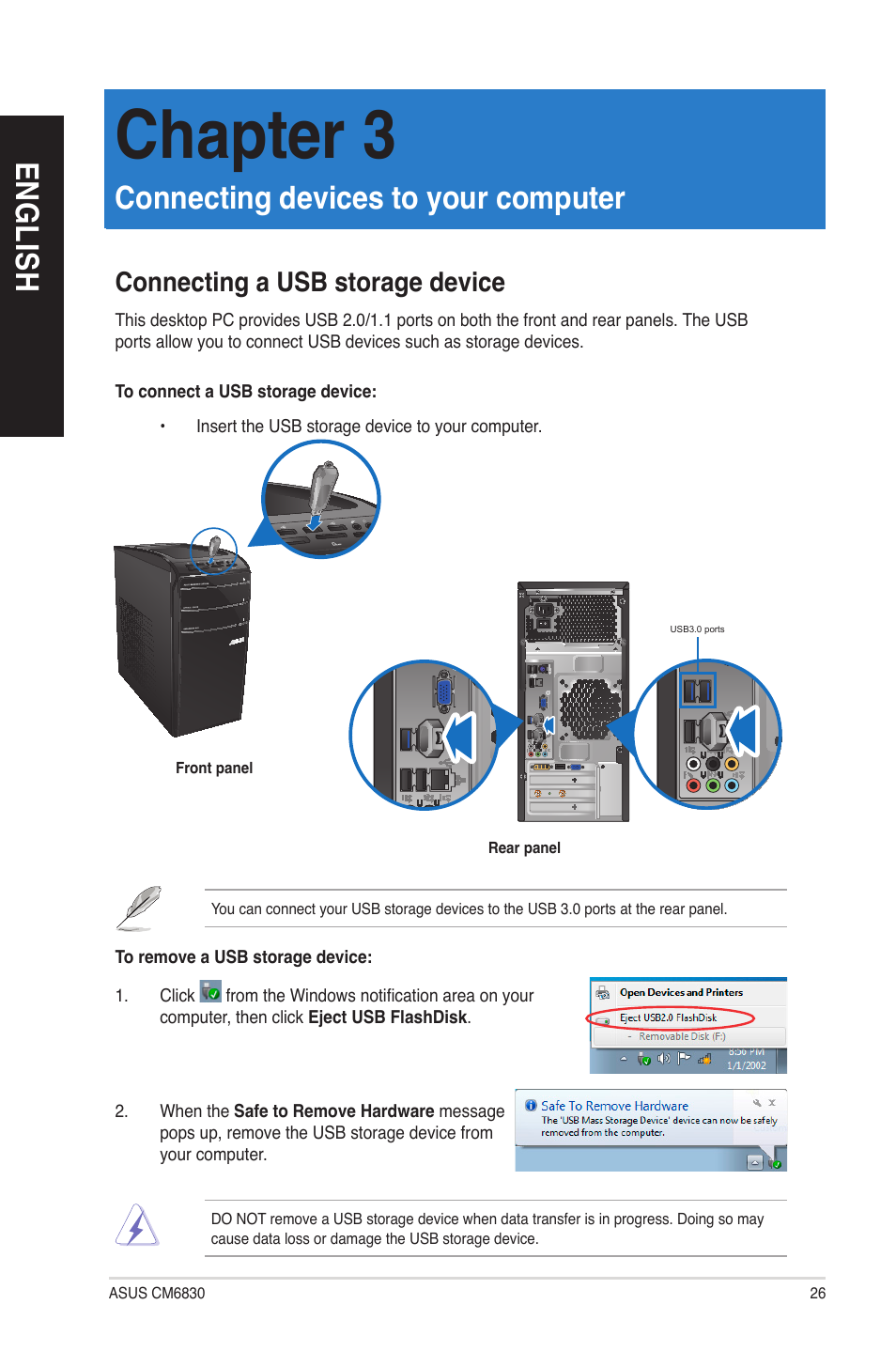 Chapter 3: connecting devices to your computer, Connecting a usb storage device, Connecting devices to your computer | Chapter 3, En g lis h en g li sh | Asus CM6830 User Manual | Page 26 / 64
