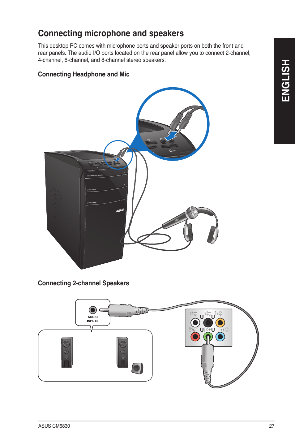 Connecting microphone and speakers, En g lis h en g li sh | Asus CM6830 User Manual | Page 27 / 64