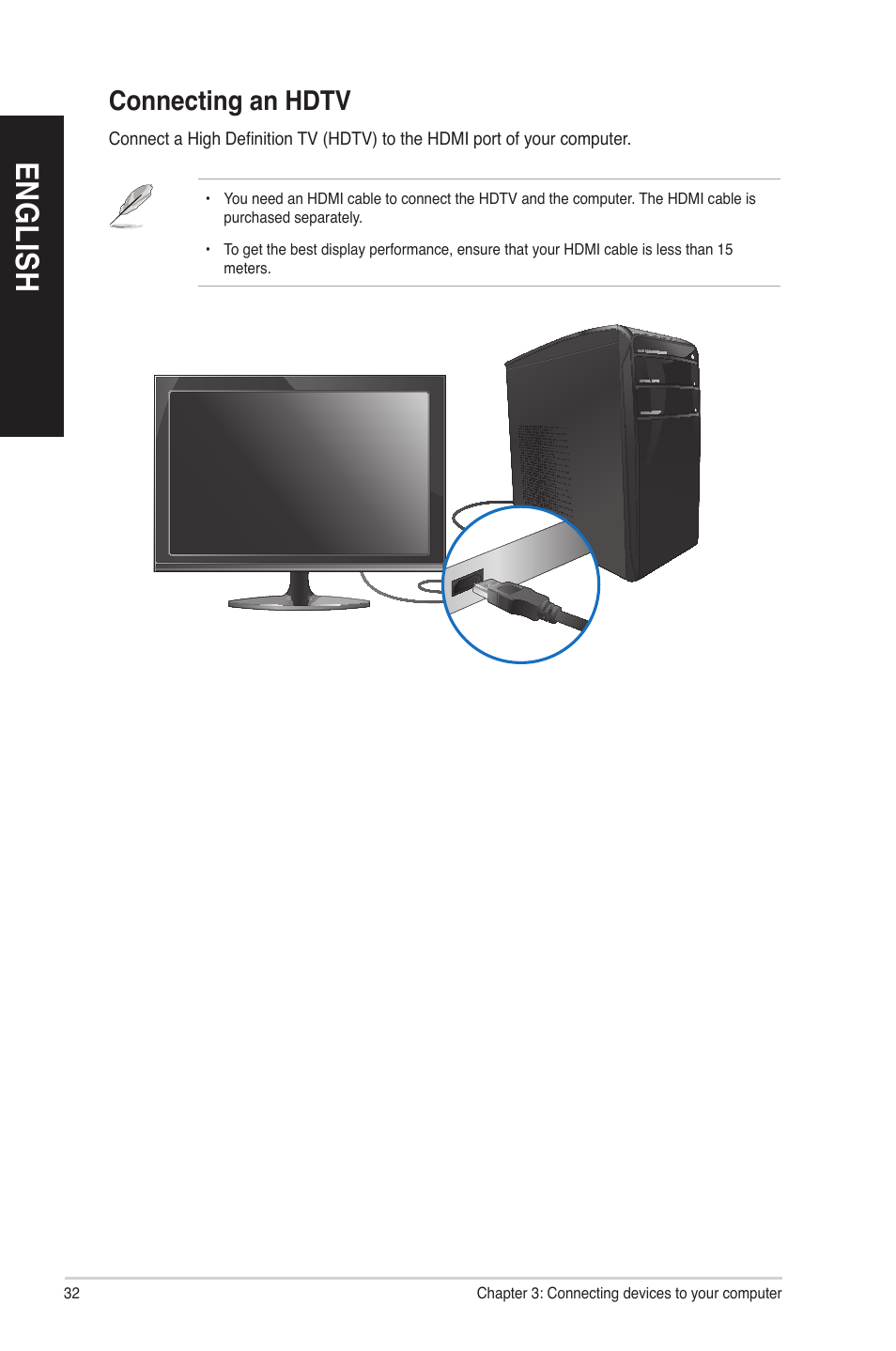 Connecting an hdtv, En g lis h en g li sh | Asus CM6830 User Manual | Page 32 / 64
