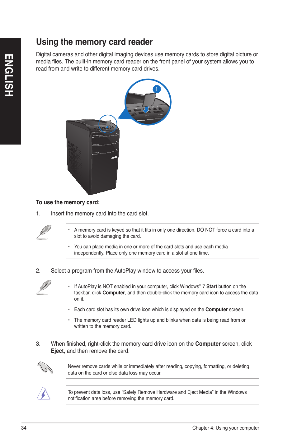 Using the memory card reader, En g lis h en g li sh en g lis h en g li sh | Asus CM6830 User Manual | Page 34 / 64