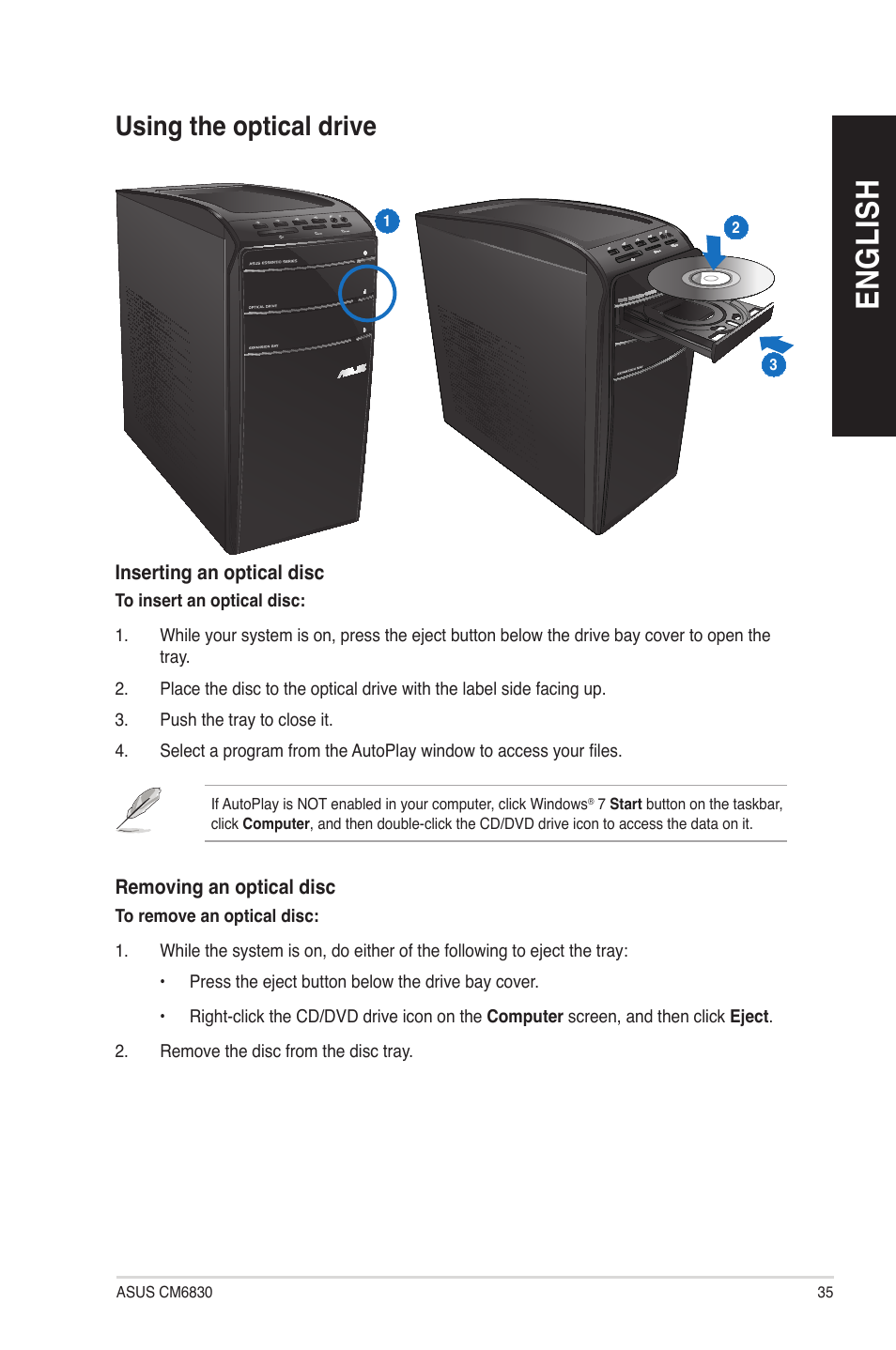 Using the optical drive, En g lis h en g li sh | Asus CM6830 User Manual | Page 35 / 64