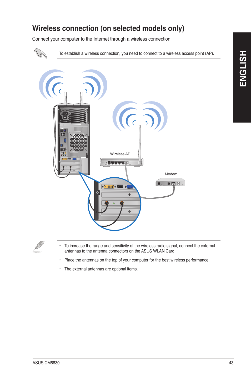 Wireless connection (on selected models only), En g lis h en g li sh | Asus CM6830 User Manual | Page 43 / 64