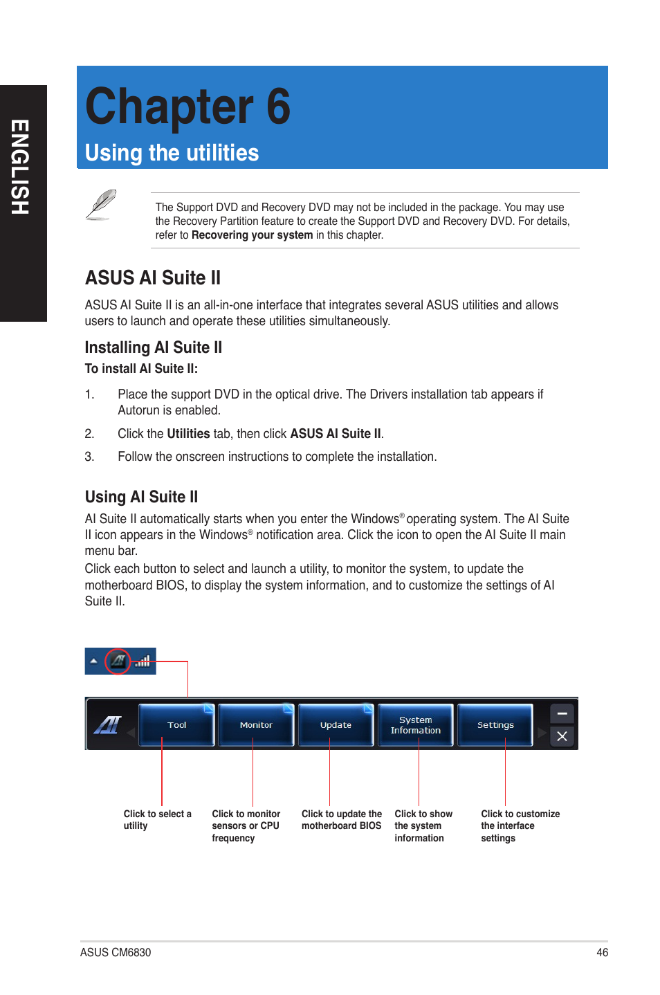 Chapter 6: using the utilities, Asus ai suite ii, Using the utilities | Chapter 6, En g lis h en g li sh | Asus CM6830 User Manual | Page 46 / 64